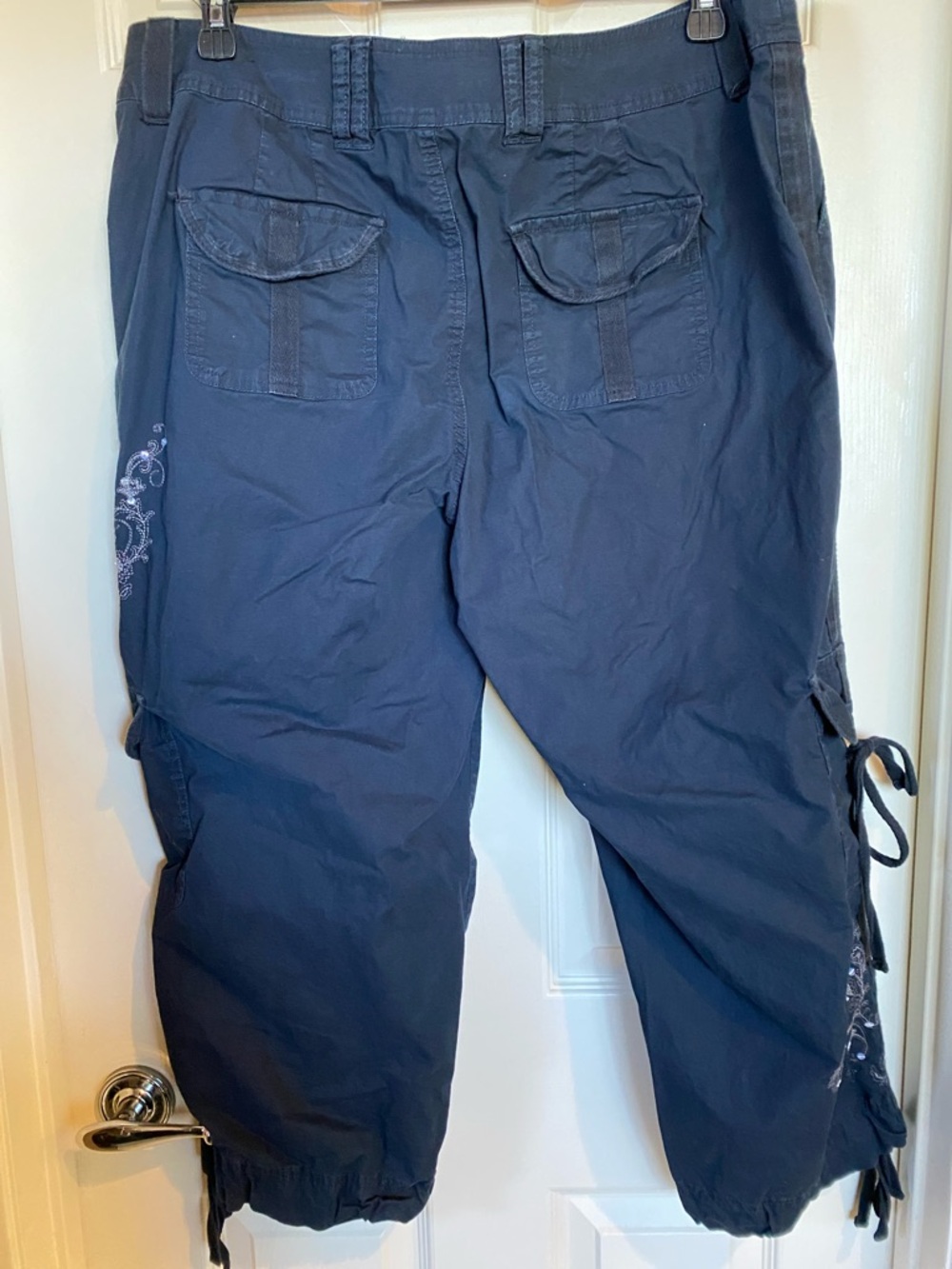 Venezia Dark Navy Cargo Capris with Embroidered Side Accent - Picture 5 of 5